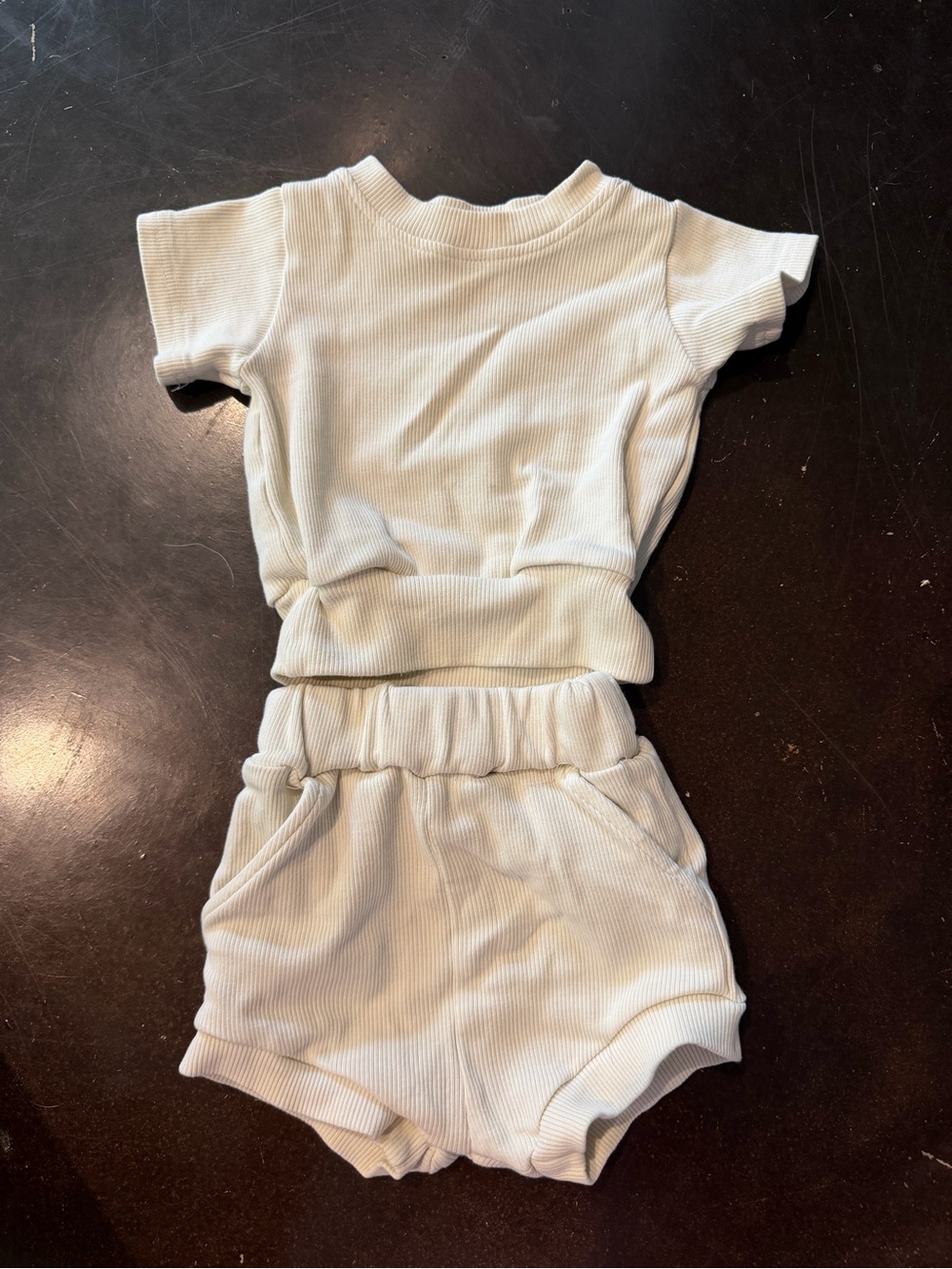 Kids Cream Ribbed Short Set - Matching Top & Shorts